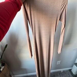 Tan Ribbed Long Sleeve Bodycon Dress